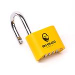 Rhino Lock Secure Lock - Yellow 4 Digit Combination Padlock for Gym Locker, School & Work Lockers; Coded and Suitable for Outdoor Use with Fences, Hasps, Sheds & Toolboxes (UK Brand)