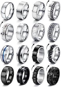 JeryWe 16Pcs Stainless Steel Band Rings for Men Women Fidget Rings for Anxiety Cool Spinner Chain Rings Weddings Promise Band Rings Mens Rings Pack Size 7-13