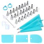 34Pcs Piping Bags and Tips Set, Bake Cake Decorating Kit with 24 Stainless Steel Tips, 2 Reusable Silicone Pastry Bags, 3 Icing Smoother, 2 Couplers, 2 Frosting Bags Ties and 1Pipe Brush