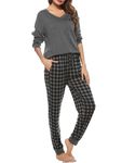 Vlazom Pyjamas Set for Women, Soft Two Pieces Pj’s Sets Long Sleeve Tops and Plaid Pants Sleepwear with Pockets, Grey, S