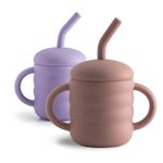 Cute 2-1 Silicone Straw Sippy Cup with Stopper - 5.4 OZ Spill-Proof Sippy Cups for Baby 6+ Months (Pink & Lilac, 2)