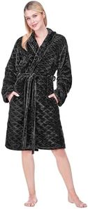 PAVILIA Black Womens Robes Lightweight, Knee Length Plush Fluffy Shower Bathrobe for College Dorm Ladies, Soft Fuzzy Cozy with Pockets, L/XL