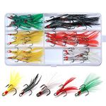 Round Bend Treble Hooks Black Nickel Hooks with Feather Dressed Fish Baits Tackle Accessory, 50pcs Treble Hooks Kit for Freshwater Saltwater