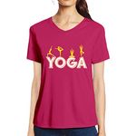 Pooplu Women's Regular Fit Yoga Moves Cotton Graphic Printed V Neck Half Sleeves Yoga Tshirt. Exercise & Gym Pootlu Tshirts.(Oplu_DarkPink_Small)