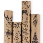 RUSPEPA Gift Wrapping Paper Roll - Brown Kraft Paper with Black Christmas Elements Print Paper - 4 Roll-30Inch X 10Feet Per Roll