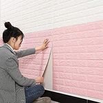 Barebeauty Wall Stickers Wallpaper PE Foam Brick Design DIY Decal (70 x 77 cm) 3D Frames PVC DIY Self Adhesive (white) (PINK)