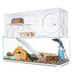OIIBO 3 Tiers Large Hamster Cages, Glass Hamster Cage Heightened Wire Topper with Two Shelf and Two Ladders Ramps, Openable Top, Easy to Clean Removeable Waterproof PVC Tray (White, 3 Tiers)