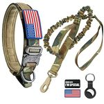 Tactical Dog Collar and Bungee Leash, Camo Military Dog Collar & Leash Set with USA American Flag Adjustable K9 Collar with Heavy Duty Metal Buckle & Handle,with Patches and Airtags Case (M, Camo)