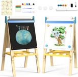 12 in 1 Premium Kids Easel with Chalkboard & Magnetic Whiteboard - Height Adjustable, Frameless Design, Includes Paints, Brushes, Markers, Chalk, Eraser, Magnetic Letters, Paper Roll, and Storage Tray