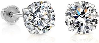 14k White Gold Solitaire AAA Cubic Zirconia Stud Earrings with Secure Screw-backs, CZ Screw Back Earrings for Women (6mm)