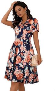 oxiuly Wedding Guest Dresses for Women Navry Blue Orange Floral Church Chic Pretty Cocktail Graduation Homecoming Party Special OL V-Neck Work Dresses with Pockets OX278 NB Orange F S