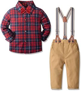 Yilaku Ropa de Bebe Conjuntos Camisas de+ Pajarita + Pantalones + Correa Conjunto niño（Rojo Beige，18-24 Meses）