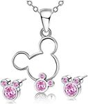 Silver Plated Necklace Stud Earrings Set Mouse Jewelry Set with Pink CZ Cute Animal Jewelry for Girl Birthday Gifts