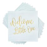 50 Pack Light Blue Baby Shower Cocktail Napkins for Boy, Gold Foil Welcome Script Design, Gender Reveal Party Supplies (5x5 in)