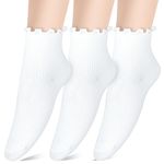 COMNICO Women Frilly Socks, 3 Pairs Ruffle Turn Cuff Socks White Women Ankle Socks Lovely Double Needle Solid Color Lace Edge Relent Breathable Cotton Warm Soft Casual Crew Socks for Women