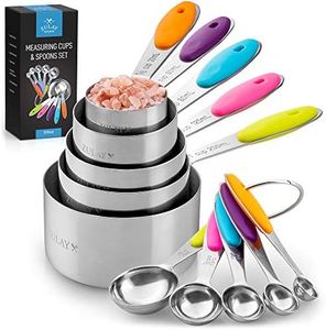 Zulay Kitchen Measuring Cups and Spoons Set of 10 - Stainless Steel Metal Measuring Spoons and Cups With Silicone Handles - Stackable Dry Measuring Cup Set & Liquid Measuring Cups Set