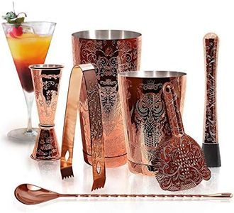 SKY FISH Bartender Kit Cocktail Shaker Set-6 Pieces Stainless Steel Copper Plated Etching Bar Tools with Boston Shaker Tins,Mixing Spoon,Mojito Muddler,Jigger,Hawthorne Strainer,Ice Tongs