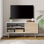 WAMPAT Mid Century Modern TV Stand for 50 inch Flat Screen, Wood TV Cabinet Media Console with Storage, Home Entertainment Center in White and Oak for Living Room Bedroom, 42 Inch