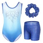 Gogokids Girls' Three-Piece Gymnastics Set, Sleeveless Leotards with Shorts and Hairband, Sparkling Ballet Dancing Unitards - Gymnastics Outfit with Gradient Color Design for 6-7 Years