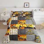 Crane Queen Comforter Set for Boys Teen, Excavator Bulldozer Bedding Comforter Sets, Cement Mixer Tractor Dump Truck Quilt, Stripe Patchwork Grid Bedding Big Wheel Car Kids Car Theme Room Decor