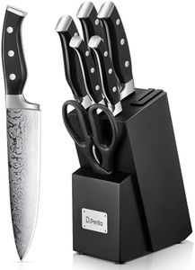 D.Perlla Couteaux de Cuisine, 7 pièces Set Couteau Cuisine avec Affûteur Intégré, Ensemble de Couteaux Professionnels, Acier Inoxydable, Bloc de Bois Noir, Manche Noir