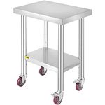 VEVOR 24 x 18 x 34 Inch Stainless Steel Work Table 3 Stage Adjustable Shelf with 4 Wheels Heavy Duty Commercial Food Prep Worktable with Brake 220 lb Capacity