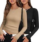 Zeagoo Fitted Tees for Women Sexy O-Neck T Shirt Slim Fit Fall Shirts Rib Knit Basic Tops Layering Fall Shirts Black,Beige