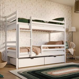 Kids Collective Lit Mezzanine 90x200 avec 2 tiroirs Lit superposé avec Protection Contre Les Chutes et sommier à Lattes, Transformable en Deux Lits pour Enfants, en Bois Massif Blanc, lit Fonctionnel