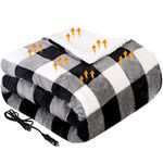 Westinghouse Heated Car Blanket – 12-Volt Electric Blanket for Car, Truck, SUV, RV – Portable Heated Throw for Camping-Grey Buffalo Plaid, 59" x 43”