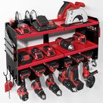 Spampur Power Tool Organizer with Charging Station, 6 Drill Holders Wall Mount, Heavy Duty Metal Premium Garage Tool Shelf, Gift for Man Cordless Tool Storage Rack with 4 Outlet Power Strip - Red