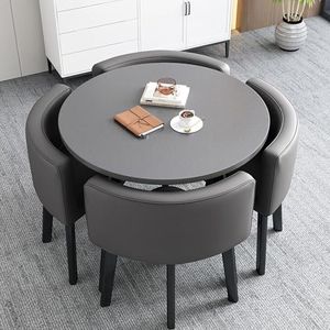 WOOOFA Round Dining Table Set for 4, Faux Marble Conference Table and Chairs Set, Kitchen Table Chairs Set with Strong Metal Frame, Space-Saving, Office Table and Chair Set for Home and Apartment