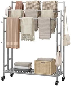 SORCEDAS Towel Rack 3 Tier Free Standing Metal Towel Stand with Storage Shelf and Wheel for Extra Large Towel Blanket Drying (Grey)