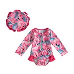 Toddler Baby Girl Swimming Costume with Hat Long Sleeve Zip Up Floral Ruffle Swimsuit Sun Protection Rash Guard Swimwear One Piece Bathing Suits Summer Beachwear (Flamingo Pink, 9-12 Months)