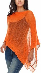 SHU-SHI Women’s Sheer Knit Poncho Shrug Lightweight Asymmetrical Ruffle Wrap Dressy Summer Shawl Cover Up Top