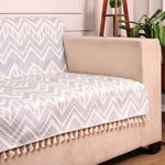 STITCHNEST Quilted Velvet Sofa Cover with Tassels – 70x60 Inch, Grey & Ivory Zigzag Design, Soft & Stylish, Washable Sofa Protector for 3-Seater