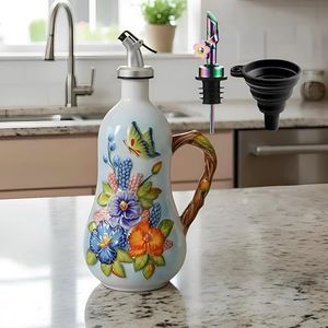 18 oz Hand-Painted Ceramic Relief Olive Oil Bottle Dispenser, with Handle Decorative Olive Oil Dispenser Bottle, Kitchen Ceramic Oil Vinegar Bottle Seasoning Bottle with Stainless Steel Spout & Funnel