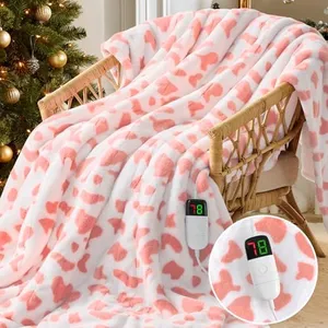 Cow Print Heated Electric Blanket Throw,50X60 Pink Heating Blanket with 10 Heats Levels & 8 Hours Auto Off,Cute Cow Decor Stuff Soft Fleece Sherpa Blankets Warmer Gifts for Women Washable,ETL