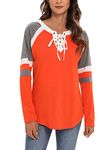 Famulily Women's Lace Up Front Long Sleeve Tops Striped Crew Neck Raglan Baseball Tee Shirt, Orange, Medium