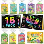 LIKYMO Party Bag Fillers for Kids - 16 Pack Rainbow Scratch Notebook Party Favors for Kids Scratch Arts Crafts for 4-12 Years Old Girls Boys Birthday Christmas Classroom Gifts - Dinosaur Motifs