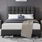 Yaheetech 5ft King Bed Frame Upholstered Platform Bed with Adjustable Square Tufted Headboard/Linen Fabric/Sturdy Wooden Slat Support/No Box Spring Needed, Dark Grey King Bed