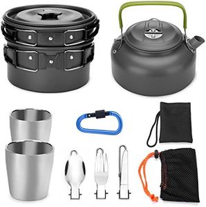 Odoland Juego de Utensilios Cocina Camping con Ollas y Sartén de Aluminio Hervidor Tazas Cubiertos Plegable para Acampada, Cacerolas de Acampada de Camping y Viaje