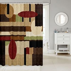 Castle Fairy Abstract Geometry Shower Curtain Red Brown Green Bathroom Shower Curtain Set for Kids Adult Retro Style Bath Curtain Grid Square Stripe Waterproof Curtains Room Decor 72 x 72 Inch