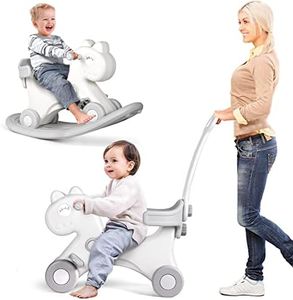 4 in 1 Rocking Horse for Toddlers 1-3 Years Old, Balance Bike Ride On Toys with Push Handle, Backrest and Balance Board for Baby Girl and Boy, Unicorn Kids Riding Birthday (White)