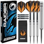 Raider 1: 23g Steel Tip Tungsten Darts Set - Orange Style Set of Professional Darts with Shafts (Stems), Flights and Checkout Card - Choice of Colour Available