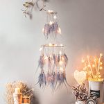 Dremisland Double Circle White Feather Dream Catcher with Mobile LED Fairy Lights Wall Hanging Ornaments Ceiling Decor for Bedroom Decor Wedding Decorations Boho Chic Party Nursery Decor (Grey)