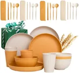 Wheat Straw Dinnerware Sets - Yellow Dinnerware Set w/Wheat Straw Plates, Bowls & Utensils – Safe for Microwave & Dishwasher, Set of 4