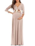 KIM S Maternity Maxi Dress with Flower Sash(S-3XL)/Wrapped Ruched V Neck Photoshoot Baby Shower Dresses, Ltmocha, Medium