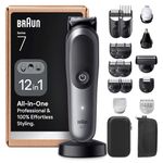 Braun Series 7 All-in-One Grooming Kit for Men, 12-in-1 MultiGroom Beard Trimmer, Hair Clipper & Body Shaver, ProBlade, AutoSense, SkinGuard, Waterproof, 120 Min Cordless Use, AIO7545, Grey