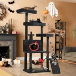 YITAHOME Gothic Cat Tree with Coffin Bed, 63" Tall Cat Tower for Indoor Cats with Top Perch, Spacious Cat Condos, Spider Hanging Balls,Comfy Hammock, Scratching Post and Ladder, Black Halloween