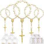 50 Packs Baptism Favors Set Acrylic Rosary Beads Faux Pearls with Organza Bags and Cross Baptism Favor Boxes Recuerdo De Boda Y Bautizo for Christening Weddings Party Favors(Gold Pearl Bracelet)